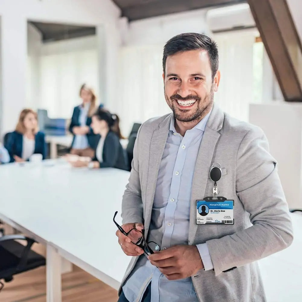 Customisable Heavy-Duty Polyester ID Card and Badge Reel Holder with Vertical Lanyard, Retractable Features, and Printed Logo