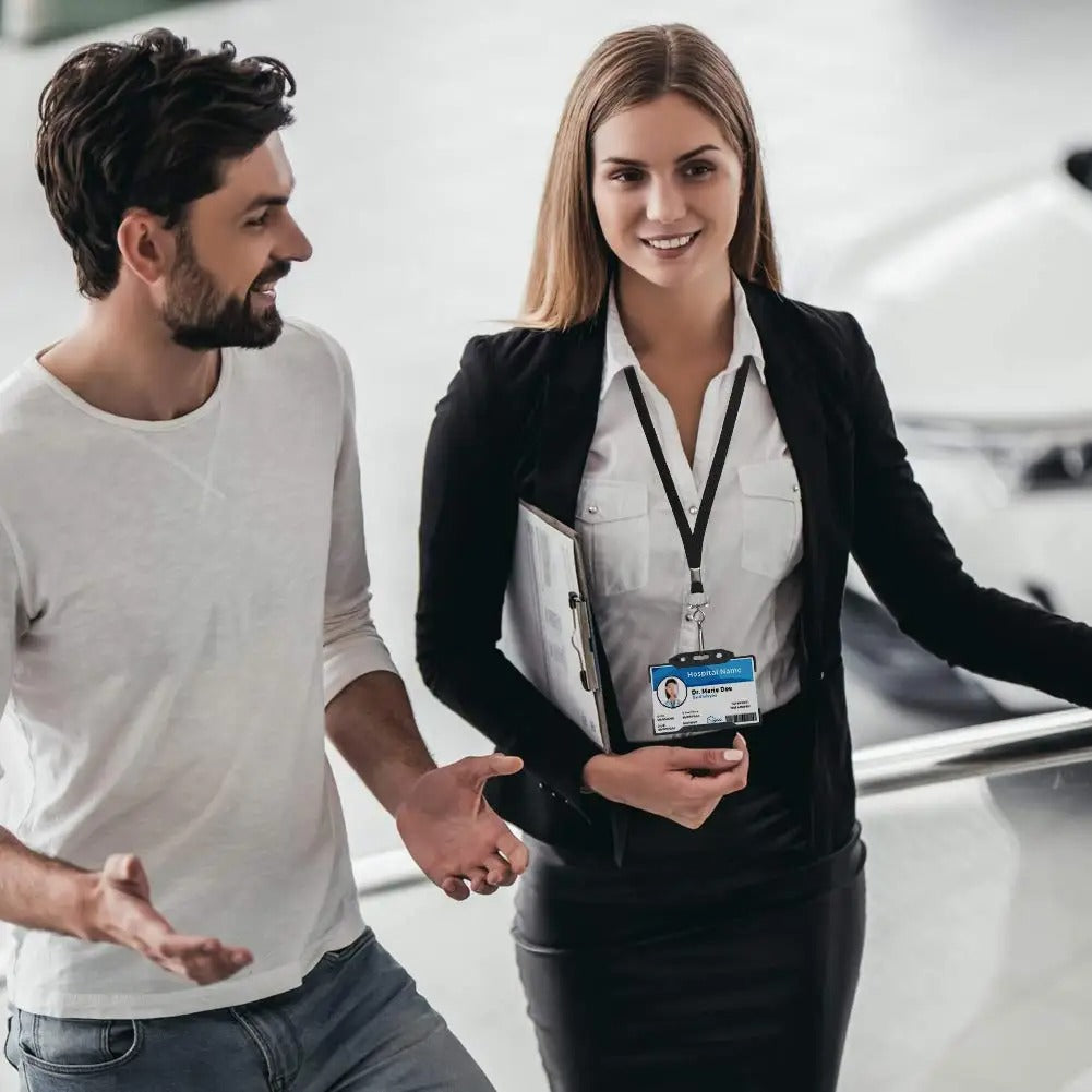 Customisable Heavy-Duty Polyester ID Card and Badge Reel Holder with Vertical Lanyard, Retractable Features, and Printed Logo